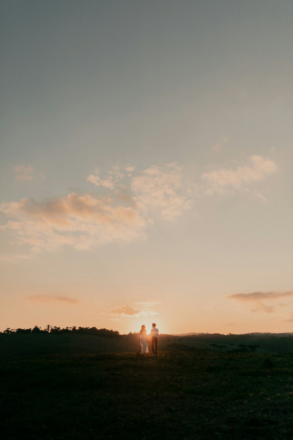 Two people walk hand in hand through a grassy field.